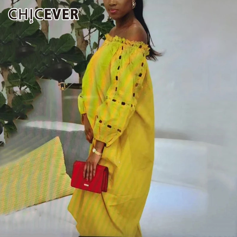 Женское платье миди CHICEVER свободное с вырезом лодочкой и рукавами фонариками