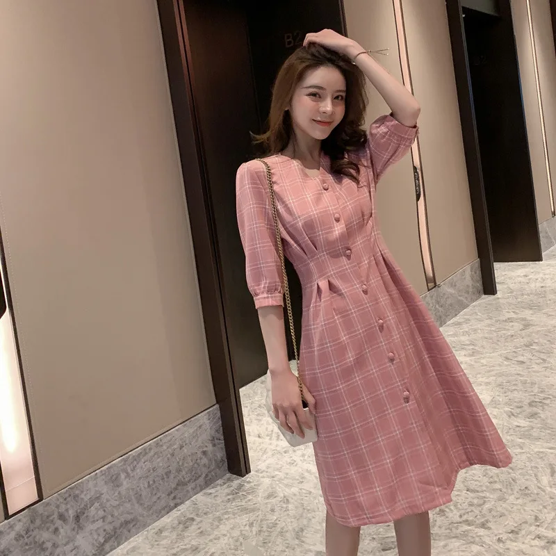 

2019 Summer Wear New Style Korean-style Sweet Peach Dress Mid-length Fairy Skirt