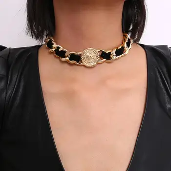 

2020 fashion necklaces Gold Chunky Chain Big Portrait Choker Necklace Black Velvet Leather for woman Steampunk jewelry