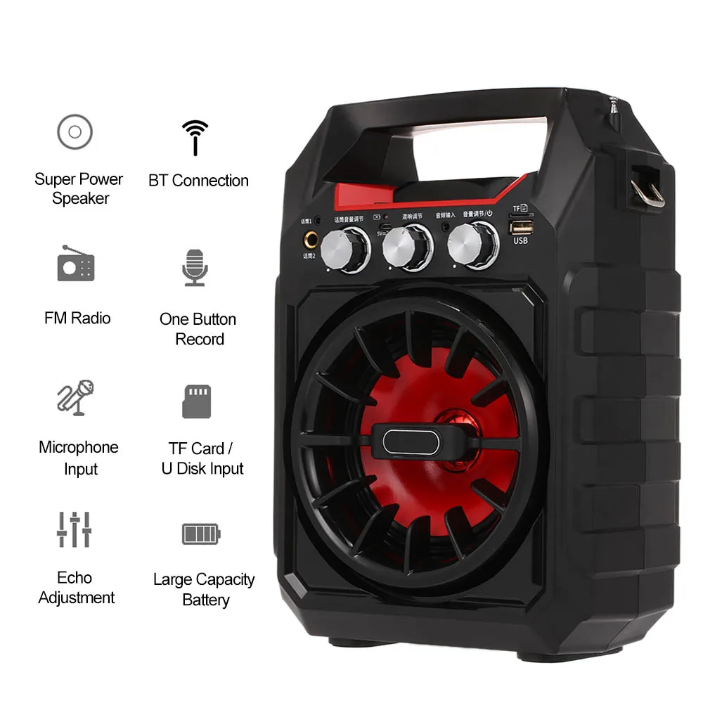 Портативный Bluetooth динамик открытый караоке FM радио TF карта AUX в U диск музыкальный плеер один клик запись двойной микрофон