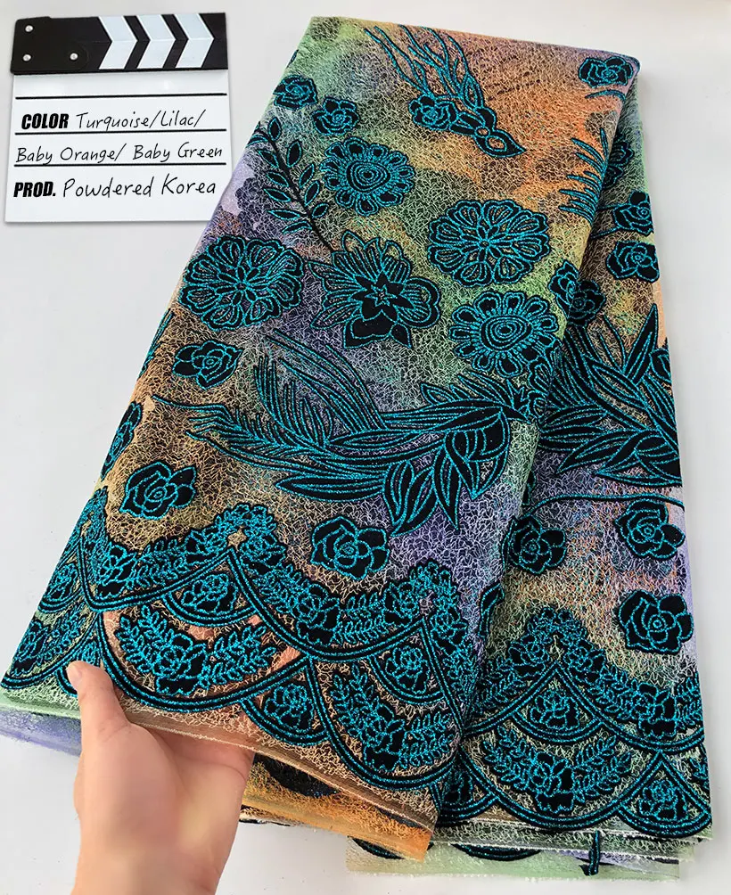 

High grade 5 yards Korea Velvet tulle lace Unique multicolors African french fabric Ghana Dubai evening gown with shiny powders