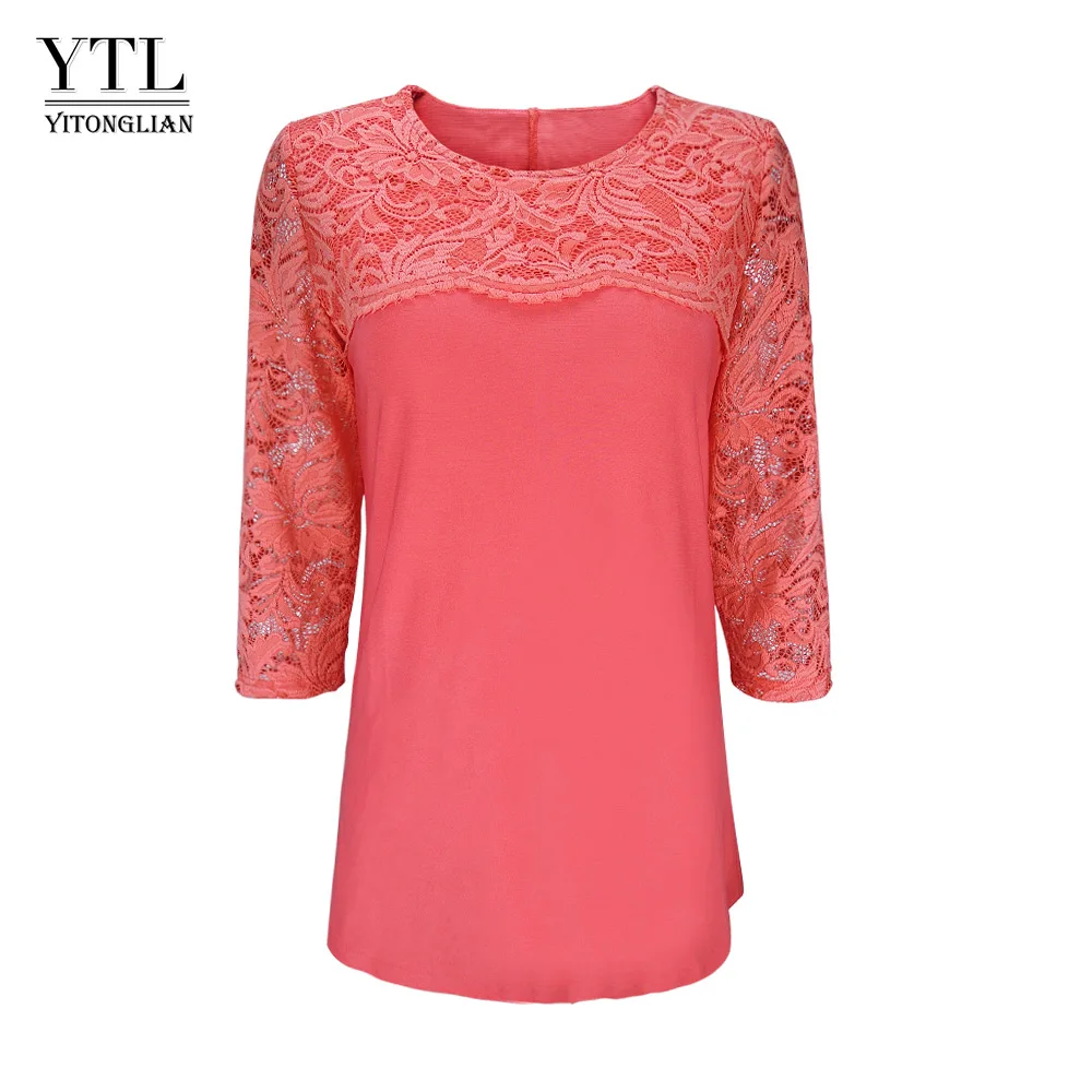 pink Ytl летняя модная женская блуза с кружевными вставками, шикарный топ, элегантные рубашки с круглым вырезом и рукавом 3/4, Цветочная сетчатая комбинированная блузка, рубашки H268 - Цвет: pink