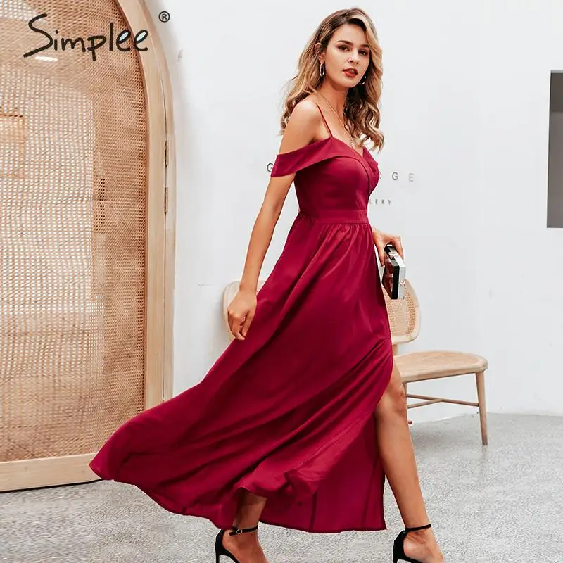 Simplee сексуальное элегантное платье макси с открытыми плечами с v-образным вырезом на подтяжках длинное вечернее платье для женщин с высокой талией осеннее красное вечернее платье