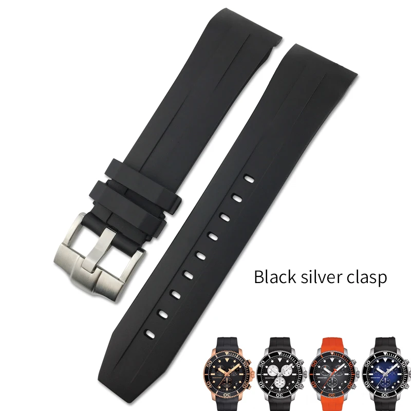 21 мм 22 мм резиновый силиконовый водонепроницаемый ремешок для часов черный оранжевый игольчатый ремешок для часов подходит для часов серии Tissot T120 T055 - Цвет ремешка: black silver