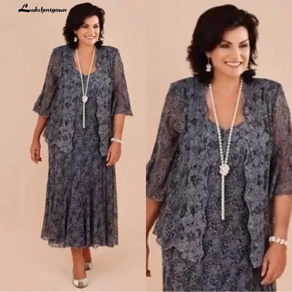 Elegant Gray Mother Of Bride Dresses Suits With Jackets Lace Tea Length Plus Size Outfit Formal Wedding Party Guest Dress mother bride dresses