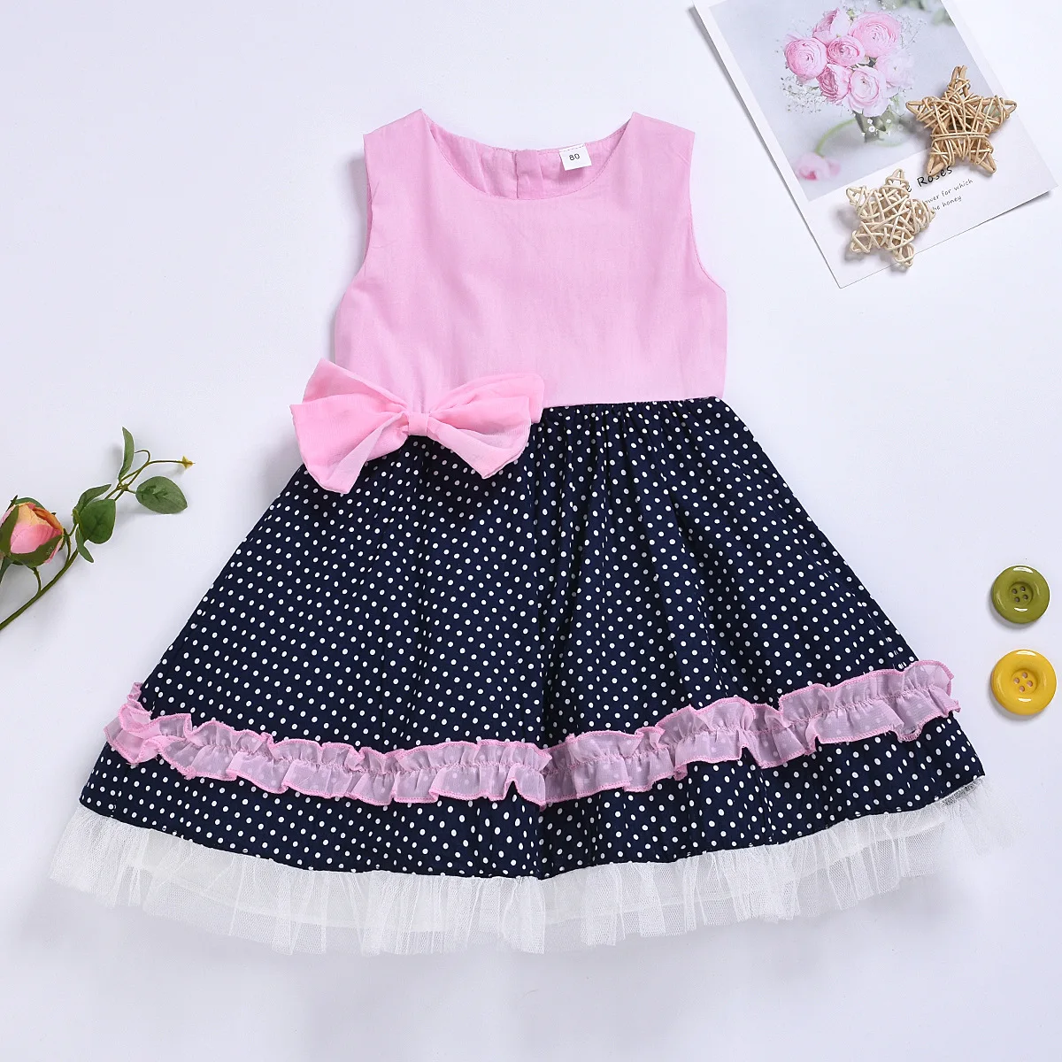 Платье для маленьких девочек, новое летнее кружевное платье принцессы в горошек с бантом, цельнокроеные Детские платья для девочек, хлопковые мини-платья выше колена