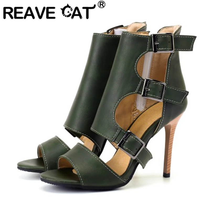 

Женские босоножки на высоком каблуке REAVE CAT, однотонные сандалии больших размеров 32-50 с открытым носком и ремешком с пряжкой, весенне-коричневые сандалии зеленого и бежевого цветов, 2022