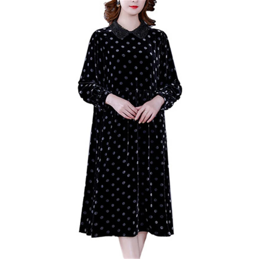 

Spring Autumn Womens Long Dress New Arrivals Gold Velvet Female Vestido Long Sleeve Loose Lady Bottoming Dot Dresses