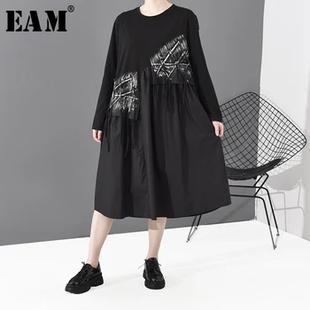 

[EAM] Women Pattern Printed Tassels Split Joint Dress New Round Neck Long Sleeve Loose Fit Fashion Tide Spring Autumn 2020 1S685