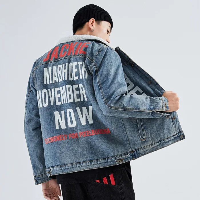 

Men plus Velvet Jacket 2019 Winter New Style Fashion Brand Lettered Contrast Color Printed Lambs Wool Warm Coat