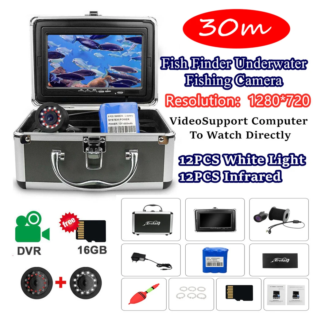 

HD 1280*720 Fish Finder 30M Underwater Fishing Camera 7" Inch 12pcs White LEDs + 12pcs Infrared Lamp For Ice/Sea