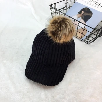

Hat ladies autumn and winter big fur ball caps thick warmth tide corduroy curved brim outdoor baseball cap