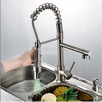 

1pc Water tap kitchen pull out faucet LED light kitchen faucet mixer with two spray brushed nickel