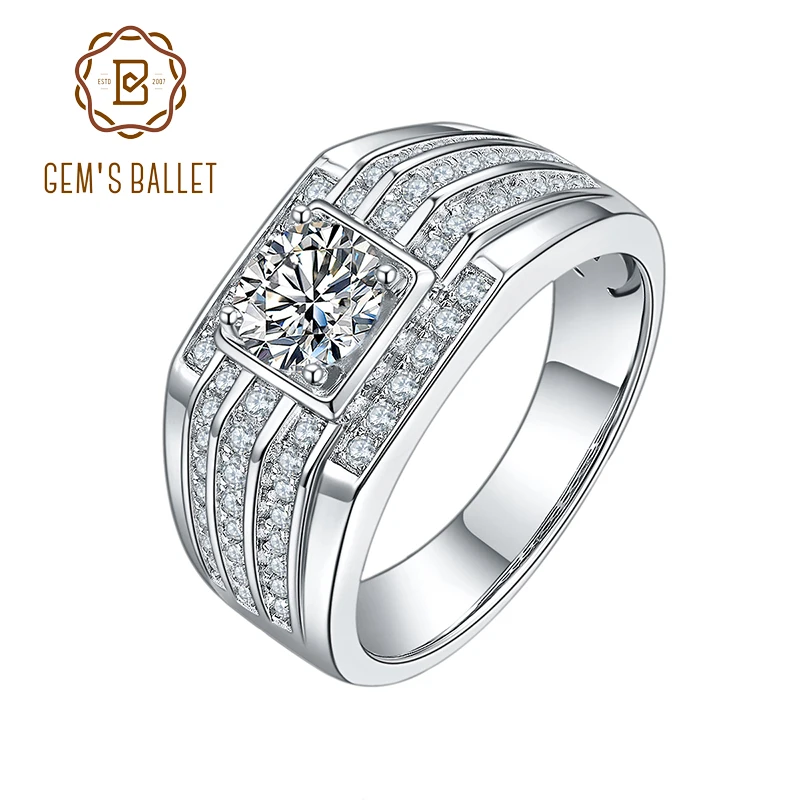 

GEM'S BALLET 925 Sterling Silver Moissanite Ring For Men Wedding 1.0ct 6.5mm Round Brilliant Men's Moissanite Diamond Ring