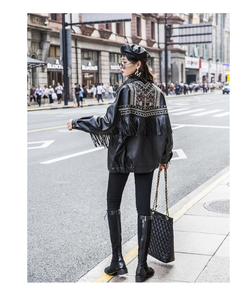 Autumn Winter Embroidery Leather Jacket for Women Tassel Punk Moto Coats Faux Jacket jaquetas couro handsome Jackets SA469S30