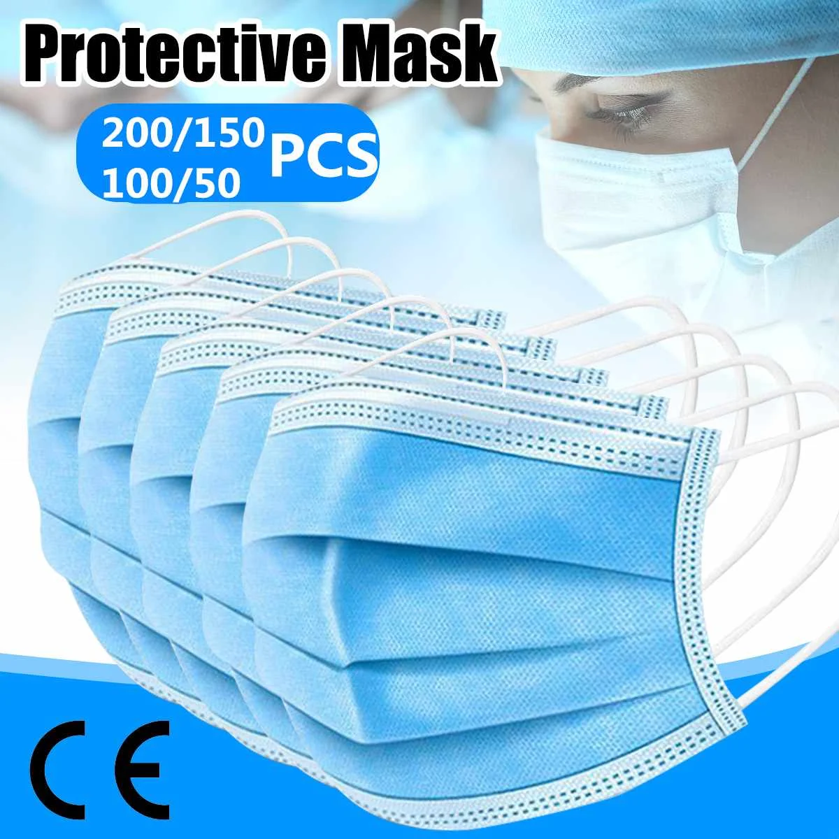 

200/150/100/50Pcs 3 Layers Non-woven Face Mask Surgical Dental Bad Smell Bacteria Proof Ear Loop Disposable Face Mouth Mask