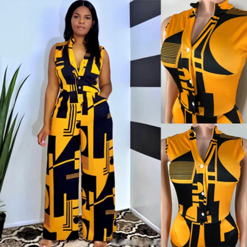 

African Clothes for Women 2021 Summer African Women Sleeveless Printing Polyester Long Jumpsuit African Clothing