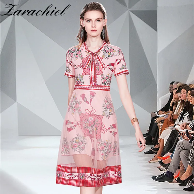 

2019 Fall New Elegant Bow Collar Dress Flower Print Patchwork Mesh A-Line Dresses Women Short Sleeve Party Midi Dress Vestidos