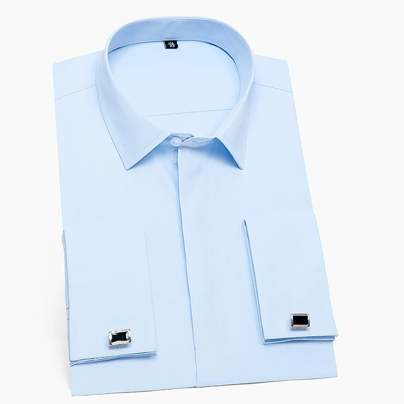 France Cufflinks Men Tuxedo Shirts Long sleeve Covered Button Plain Solid Mens Dress Shirt White Light Blue Pink Business Social