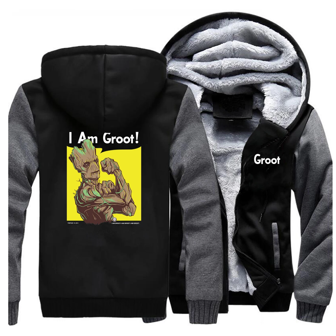 Толстовка с капюшоном и принтом i'm groot, двухсторонняя, с рисунком, мужская, одноцветная, реглан, тренд, пушистый флис, толстовка,, зимнее пальто на молнии