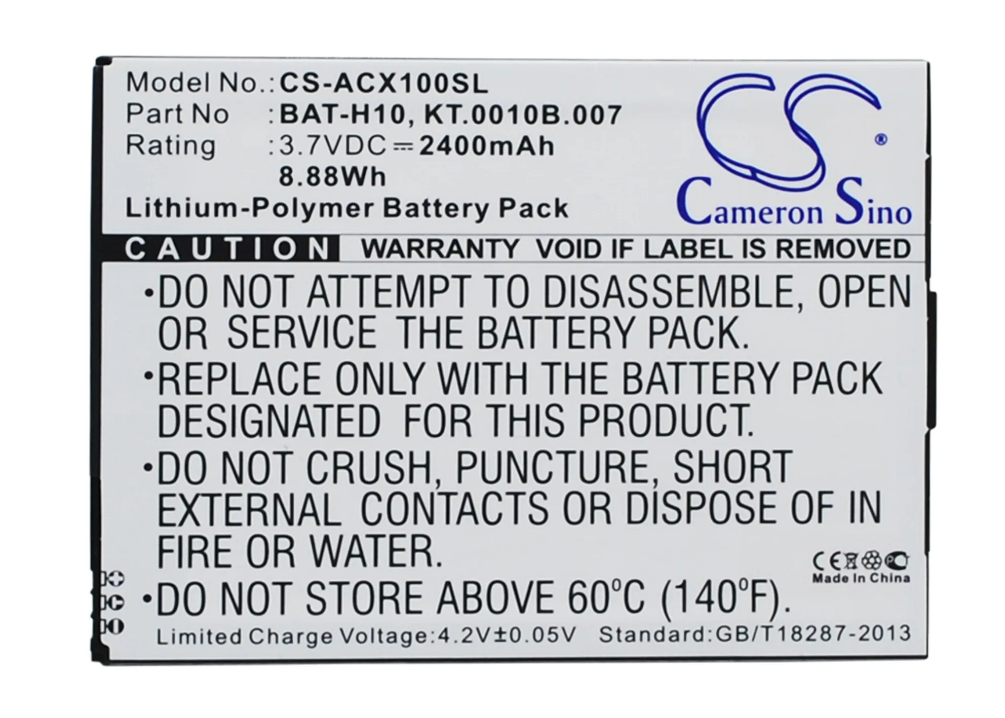 UPGRADE Cameron Sino Battery For Acer BAT-H10 Liquid X1,S53 2400mAh / 8.88Wh