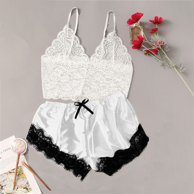 Lingerie Set Women Lace Trim Cami Tops Satin Bow Sleepwear Transparent Bra Set Sleeveless Deep V Hot Erotic Underwear Set