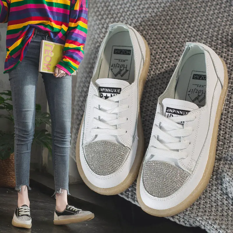 

Round Toe Autumn 2019 Women Shoes Casual Female Sneakers Modis Soft Crystal Fall Dress Cute Rhinestone New Fashion Flat Lace-Up