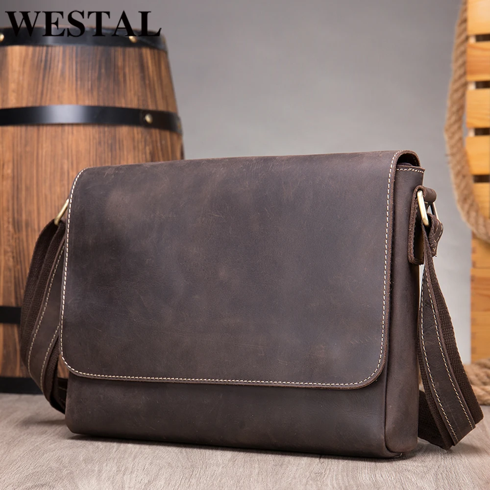 13inch Computer Bags Crazy Horse Leather Men's Briefcases Laptop Bag Office Bags for Men Cover Shoulder Messenger WESTAL leather briefcase