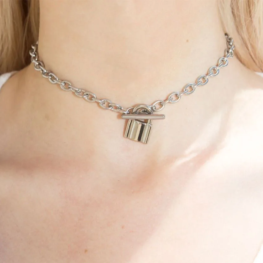 Punk Silver Chain Lock Choker Necklace For Women Pendant Chunky Chocker collar collier femme collares colar naszyjnik Ketting | Украшения и
