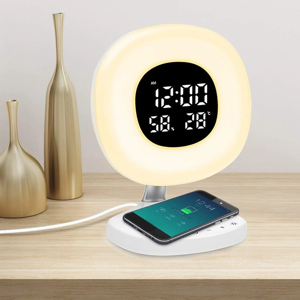 Wireless Charger Bedroom Touch Control Night Lamp Alarm Clock Multifunction Digital Wake Up Light Snooze Kids Sunrise Simulation