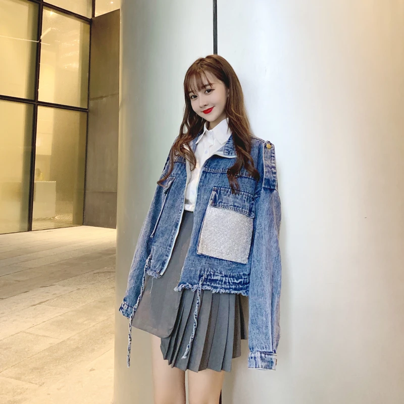 SexeMara fashion The New Loose Hot drilling pocket Drawstring Burr cowboy jacket Free shipping