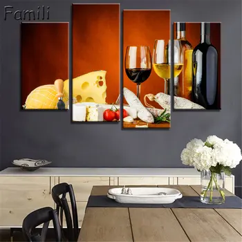 

4Pcs Modern Still Life Wine Bottles Wall Art Painting Red Wine And Champagne With Glass Fruit And Barrel Picture for Kitchen