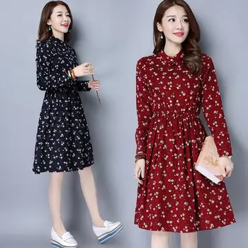 

2020 Spring Autumn Women dress Vintage Print corduroy Plus Size Slim Vestidos Robe Dresses DF413