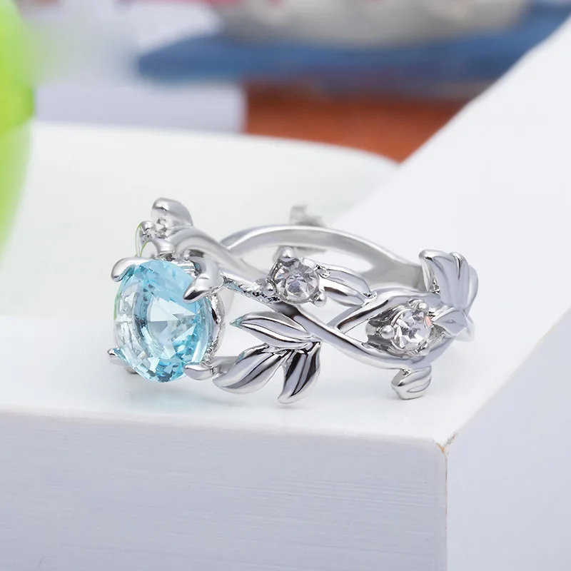 Women 925 Silver Gemstone Ring Aquamarine Zircon Hollowed Flowers Engagement
