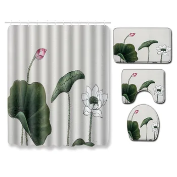 

The Lotus 4 Piece Bathroom Shower Curtain Set Print Plant Bath Mat Carpet 3D Toillete Seat Cover Anti-slip Doormat Kitchen Rugs