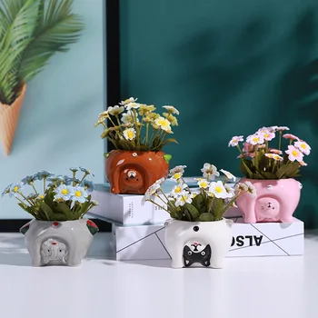 

Cute Cat Mini Potted Plants with Artificial Flower for Office Decoration Flower Pots Planters for Succulents Garden Home Decor