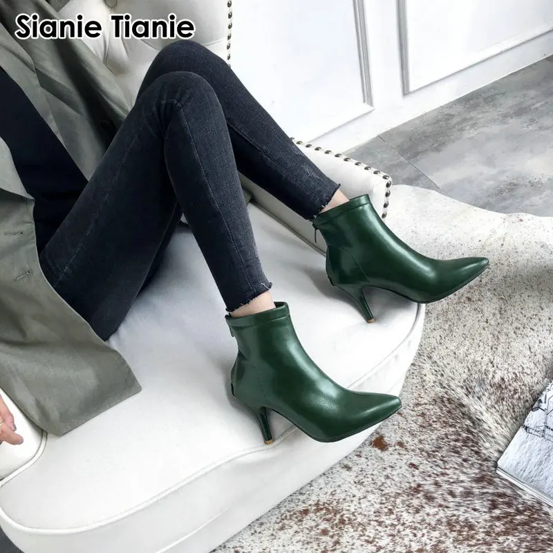 

Sianie Tianie 2024 Winter Autumn Spring New Pointed Toe Fashion Woman Boots Thin High Heels Pumps Green Black Ankle Boots Shoes