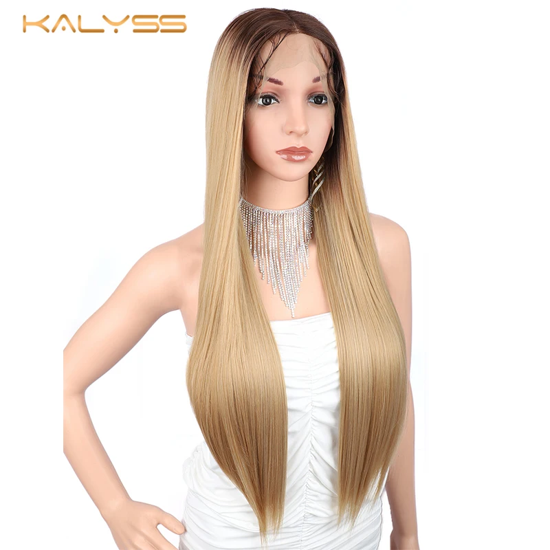 Kanyss, 28 дюймов, 13x6, прямой парик на кружеве, жаропрочные волосы, блонд, длинные парики для женщин, синтетический парик на кружеве