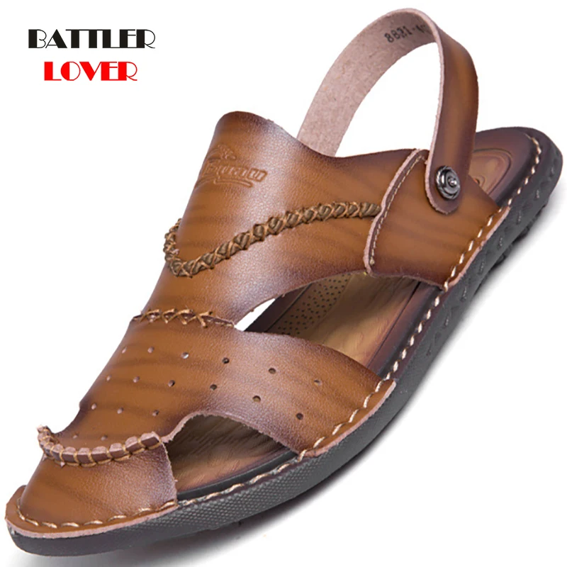 Classic Mens Sandals Summer Genuine Leather Male Beach Sandals Soft Comfortable Male Outdoor Beach Slippers Slip-on Mans Sandals