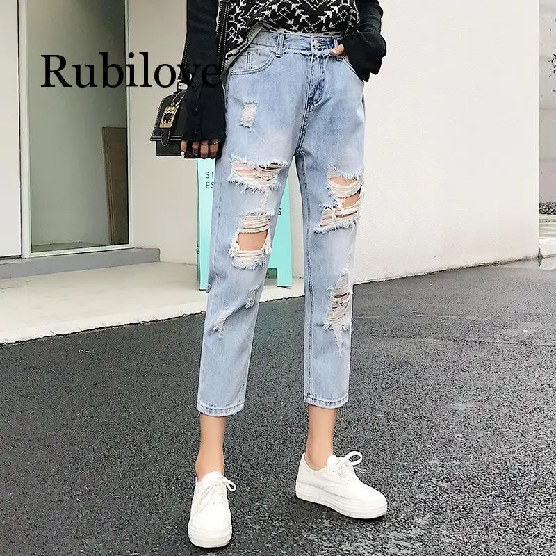 Rubilove Рваные джинсы для Для женщин синее свободное Винтаж Женская мода Для женщин Высокая Талия Новый стиль мешковатые мама джинсы, женские