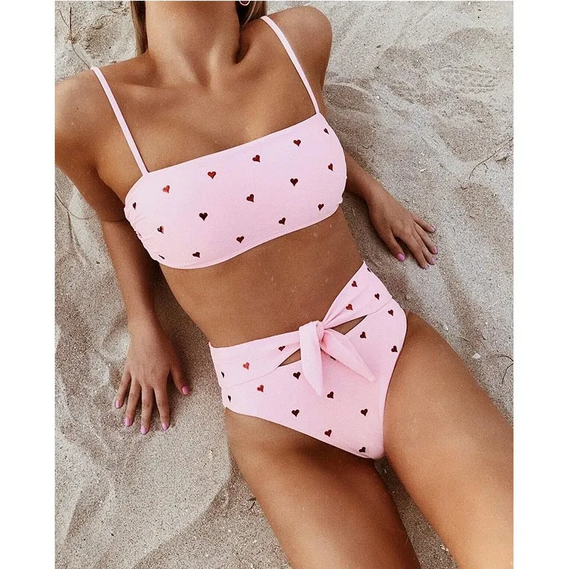 

Fashion Heart Print Bandage Bra Set Geometric Sexy Pink Yellow Underwear 2 Piece Set Ladies High Waist Lingerie Two Piece Set