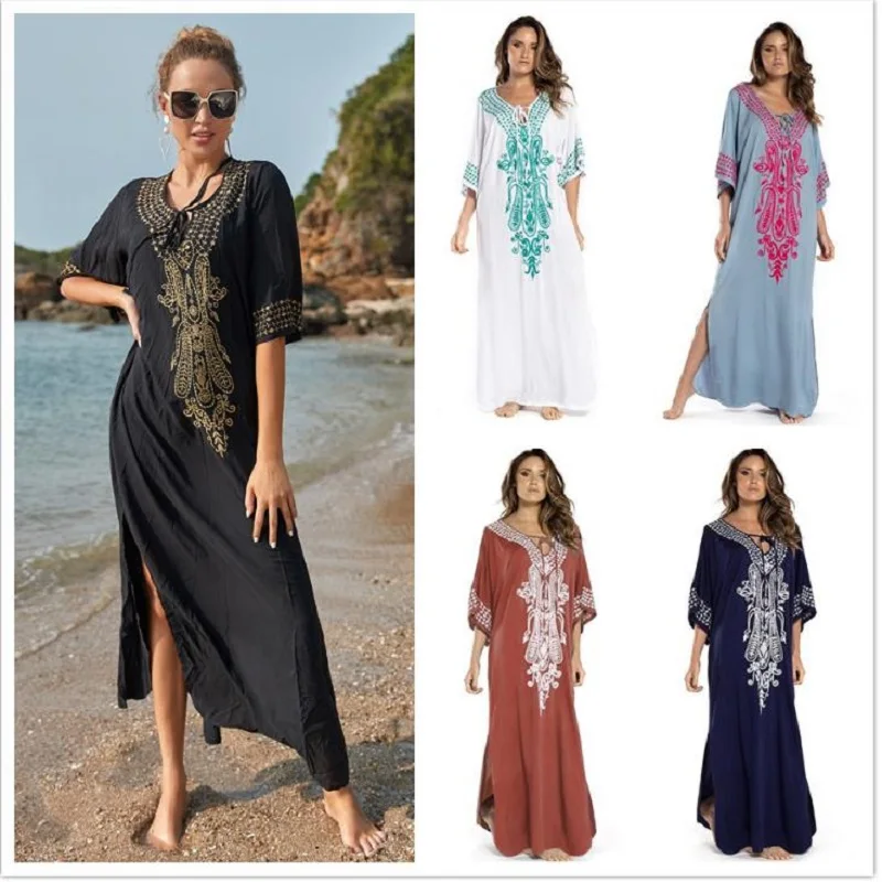 Embroidery Kaftan Beach Tunic Cotton Beach Cover up Saida de Praia Swimsuit Women Bikini cover up Pareo Sarong Beachwear