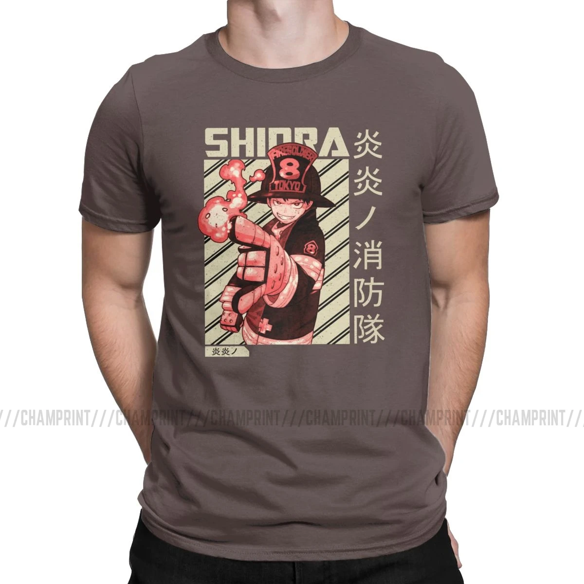 Мужские футболки Shinra Fire Force, аниме, модная футболка, короткий рукав, пожарный герой, футболки, вырез лодочкой, одежда, большой размер - Цвет: Коричневый