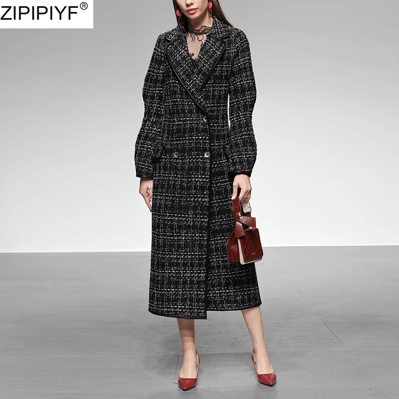 2020 Women's Spring Streetwear Plaid Long-sleeved Woolen Coat Clothes Elegant Turn Down collar Double Breasted Ladies Overcoats | Женская
