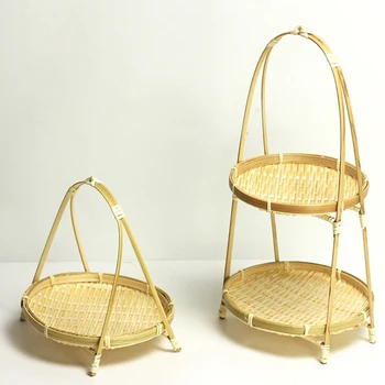 

Bamboo Weaving Straw Baskets Tier Rack Wicker Fruit Bread Food Storage Kitchen Decorate Round Plate Stand Container
