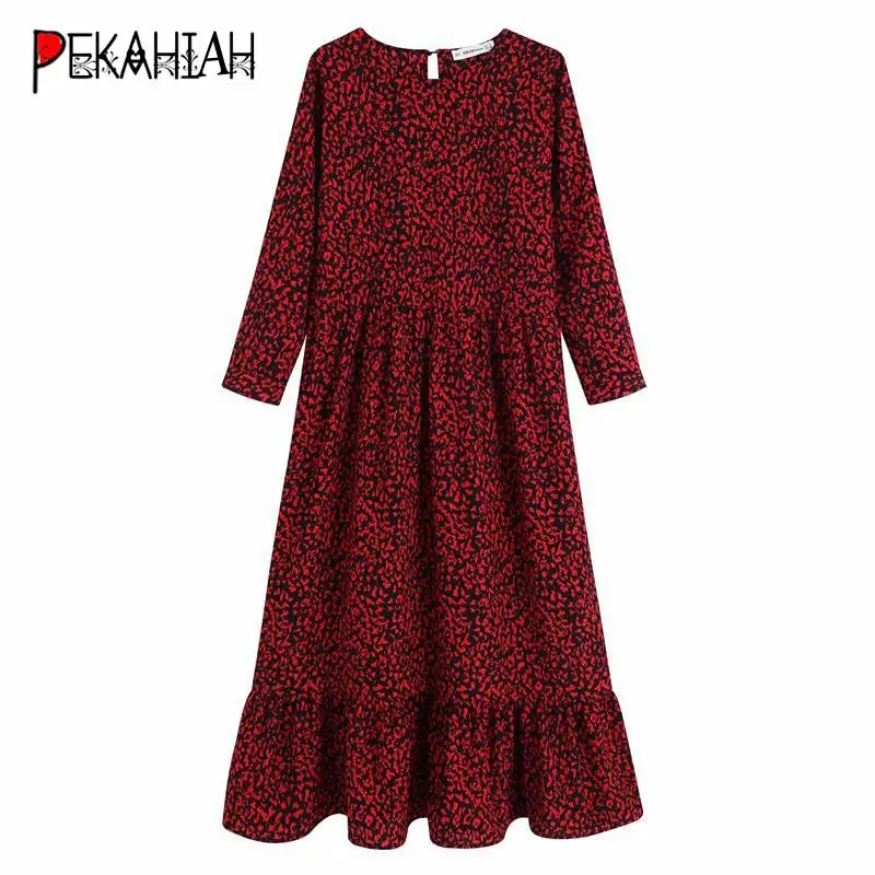 

Vintage Pleated red Leopard maxi dress women autumn dress elegant casual loose long dresses Korean robe femme fall vestidos 2019