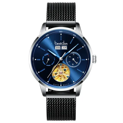 Switzerland люксовый бренд Bestdon Мужские механические часы со скелетом из полной стали Мужские часы с автоматическим подзаводом reloj hombre relogio masculino - Цвет: Black Silv blu D7146