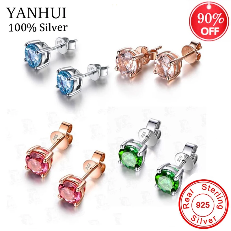 YANHUI ювелирные изделия 925 стерлингового серебра свадебные серьги Классическая мода 6 мм четыре когтя циркон серьги гвоздики для женщин