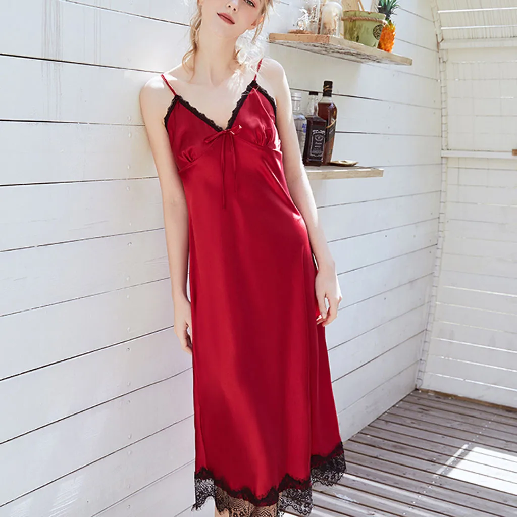 

Women Sexy Fashion Sleepwear Solid Sling Satin Long Nightdress Stylish Lingerie Underwear Nuisette Femme De Nuit Nightgown Sexy