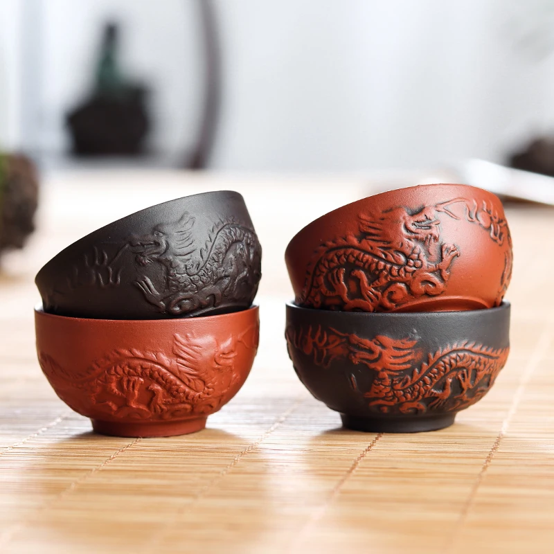 Tea cup Handmade Dragon Ceramic Tea Cup Purple Clay Cup Kungfu Teaset Tea Accessories 6 PCs/Pack